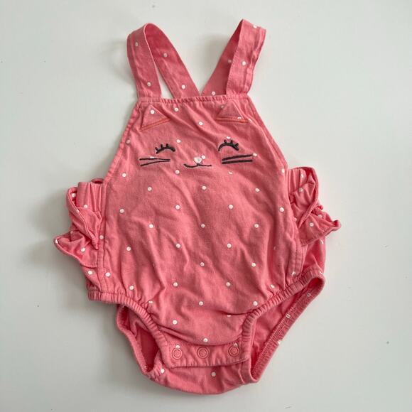 Carter’s Pink Cat Bubble Romper white polka dots ruffle butt - Picture 1 of 5